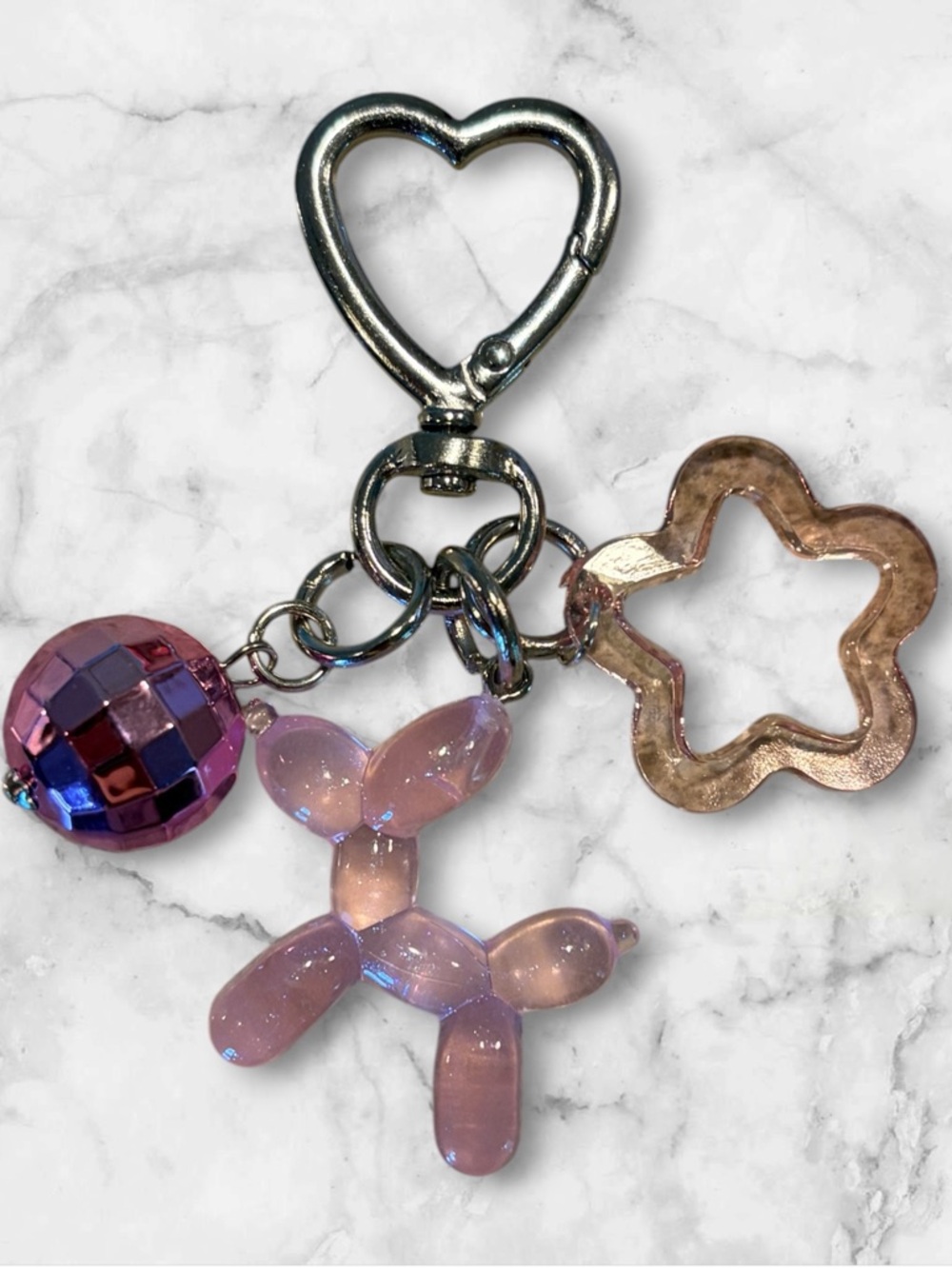 Pink Balloon Dog Keychain Charm with Heart Clip